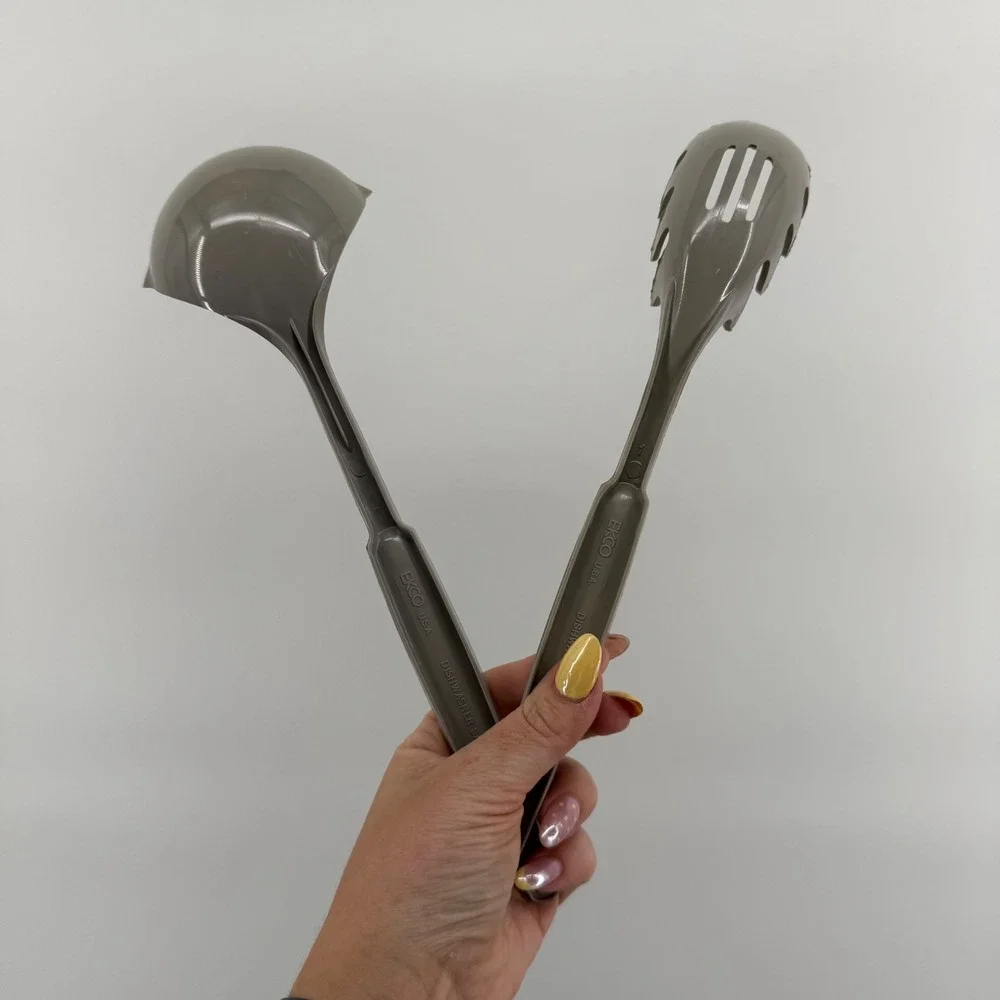 Vintage‎ EKCO USA Kitchen Utensil Set Taupe Gray Ladle and Pasta Server 2pc